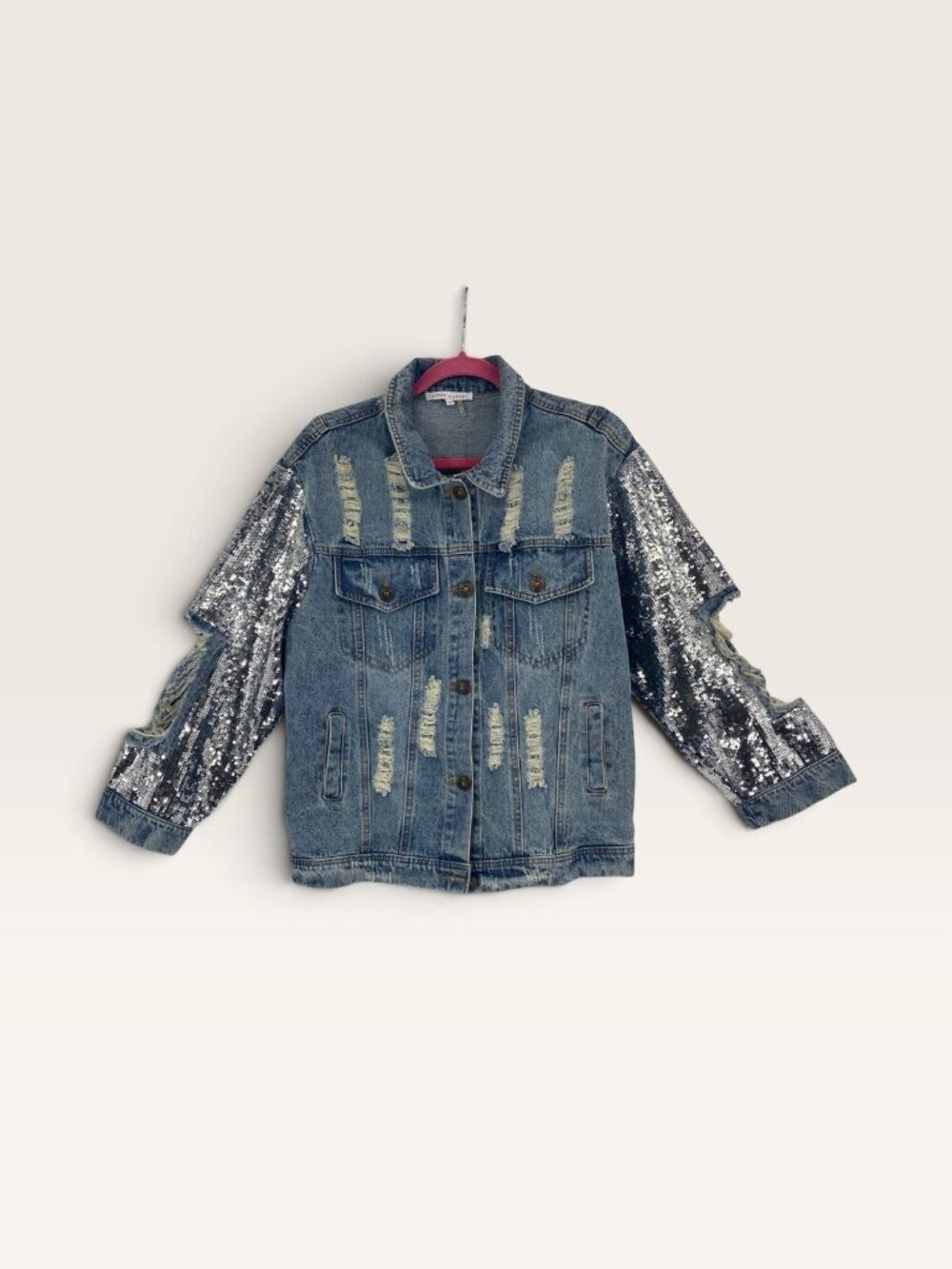 After Market Women’s S/M Sequin Denim Blue Jean Jacket Hole Ripped Oversized